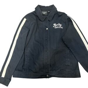 Harley Davidson Gas & Oil Women’s Black Cotton Woven White Stripe Jacket NWOT